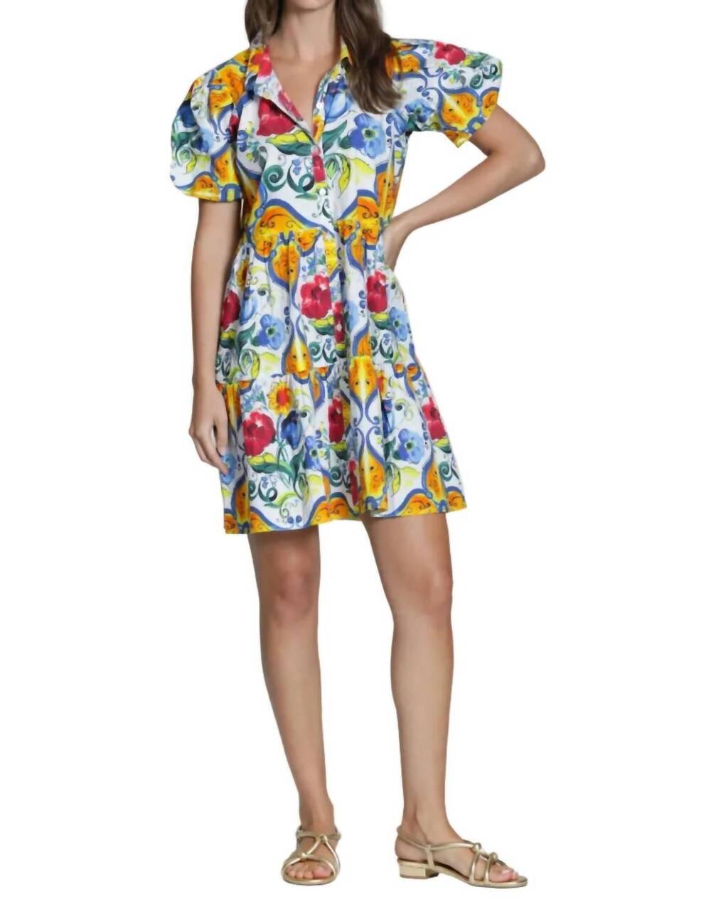 NEW APNY flounce puff sleeve shirt dress in blue multi